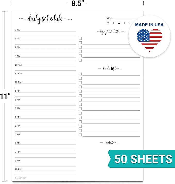 321Done Daily Schedule Planning Notepad - 50 Sheets (8.5x11) – Hourly Day Today To Do Checklist - Appointment Task Priority Planner - Tear-Off Note Pad for Home, Office, School - Made in USA