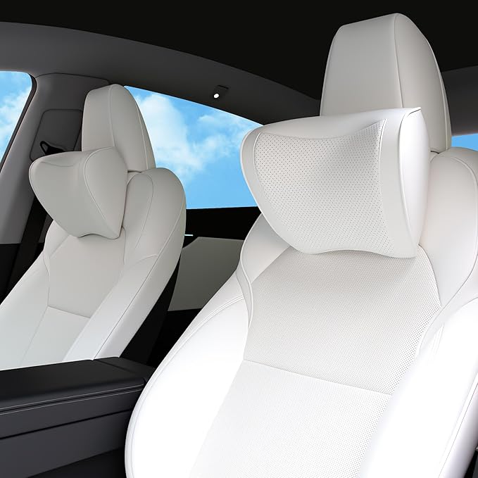 Car Headrest Pillow 100% Memory Foam, Breathable Removable Leather Cover, Premium Seat Support Head Neck Cushion for Driving Travel Home Office, White, 2 Pack