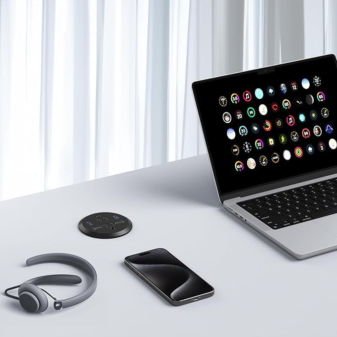 Jgstkcity Desktop Power Grommet, 65W USB C Fast Charging Port, Flush Mount Recessed Power Strip 3inch Hole,2 Outlets,4 USB Ports, Countertop Outlet (Black, 65W USB Port)