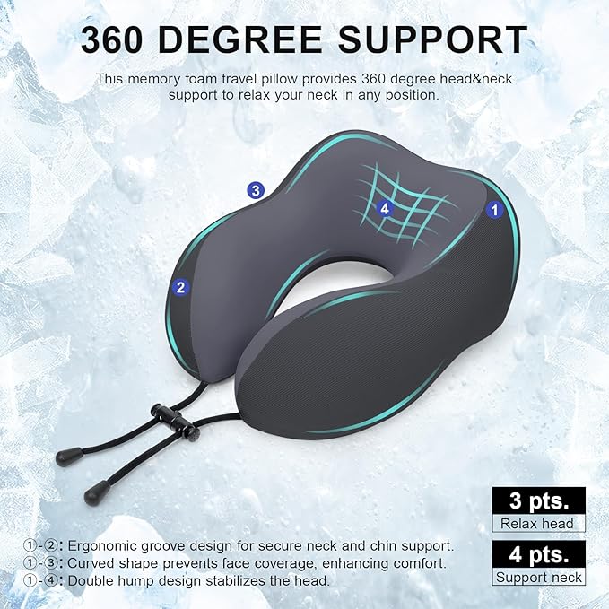 Travel Pillow for Airplane Memory Foam Neck Pillow, Soft & Support Travel Pillow with Storage Bag for Travelling, Sleeping Rest, Car, Train and Home Use (Black)