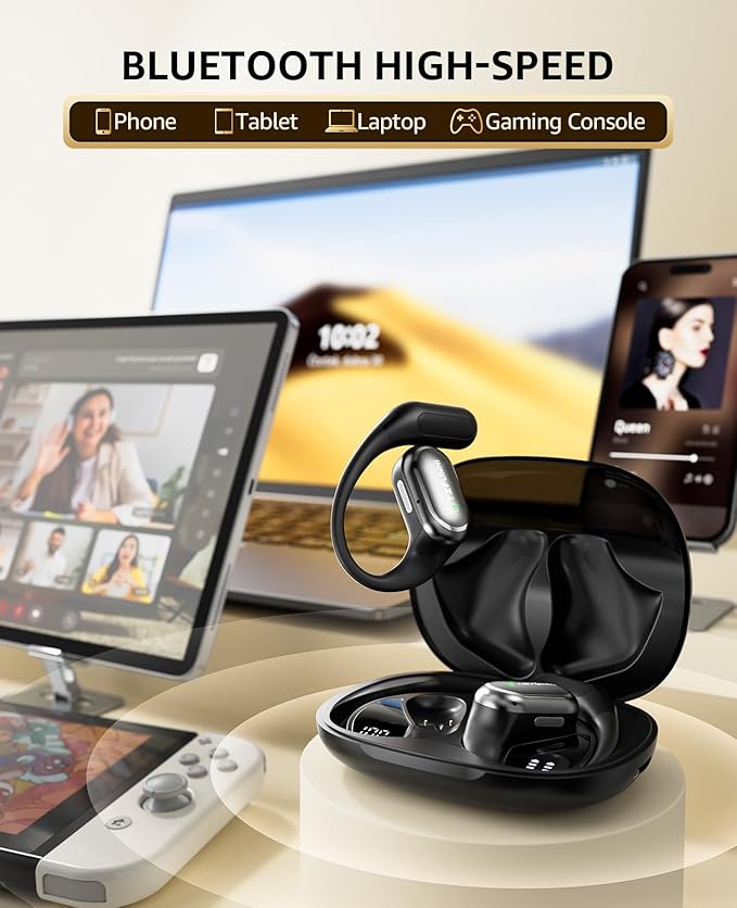 Open-Ear Bluetooth Wireless Earbuds: Wireless Headphones for Runners & Cyclists - IPX7 Waterproof - 5.4 Bluetooth Ear Buds with LED Digital Display for Sport, Gym, Workout