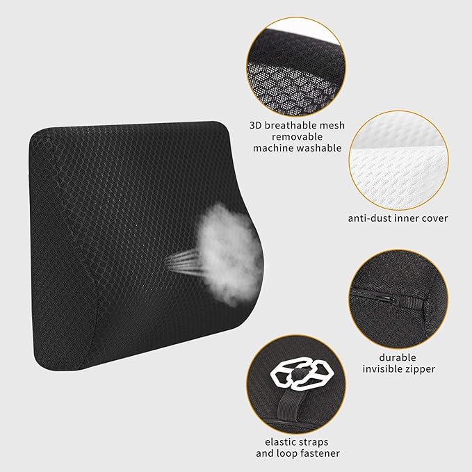 Memory Foam Lumbar Support Pillow for Car - Lower Back Support Cushion for Driving, Back Pain Relief for Car Seat, Office Chair, Wheelchair (Black)