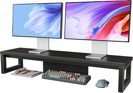 Dual Monitor Stand Riser, Wood and Steel Monitor Stand for Desk, Multi-Purpose Desk Shelf Organizer for Computer, Laptop, Printer, TV, Black