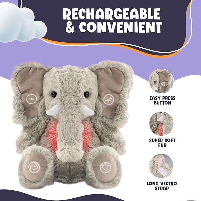 Gemma Joy Baby Sleep Soother Elephant for Baby – Cry Activated Heartbeat Stuffed Animal – Rechargeable Crib Soother with White Noise, Shush, Lullabies & Night Light – Newborn Essentials Must Haves