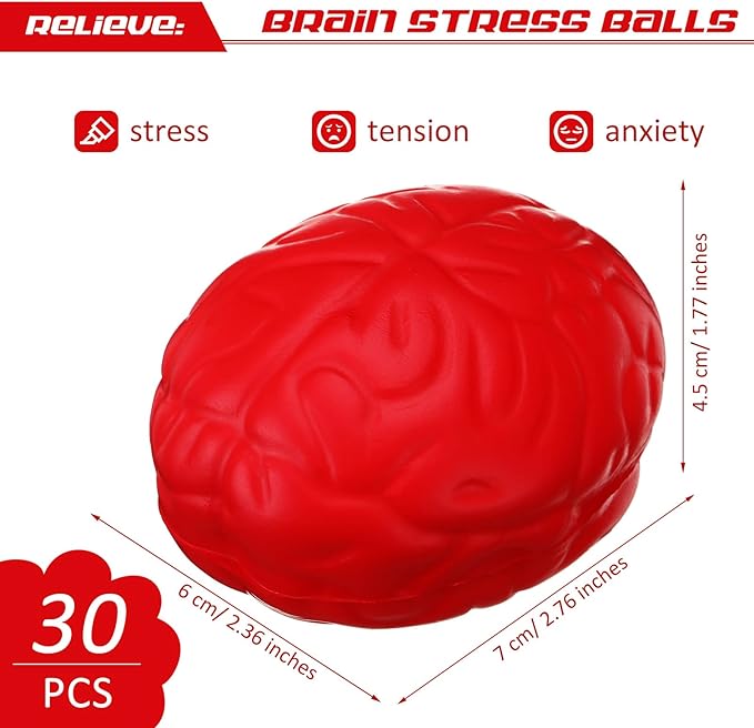 Jenaai 30 Pcs Brain Stress Ball Halloween Squeeze Toy 2.76 Inch PU Hand Muscle Exercise Pressure Ball Funny Stress Relief Toy for Teens Adults Improving Grip Strength Release Pressure(Red)