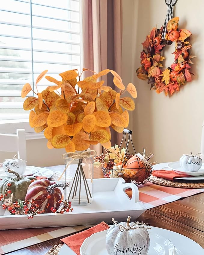 Fall Faux Eucalyptus Stems in Glass Vase 14.2" 6pcs Artificial Autumn Eucalyptus Branches with Vase Fall Home Table Decor Fake Fall Plants Stems for Farmhouse Kitchen Bathroom Decorations