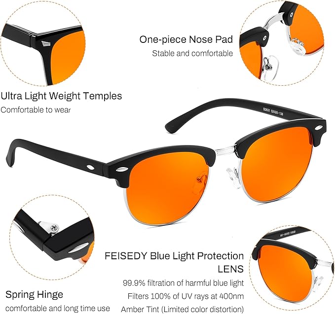 FEISEDY Orange Blue Light Blocking Glasses for Woman Men Amber Lenses Computer Gaming Glasses for Better Sleep