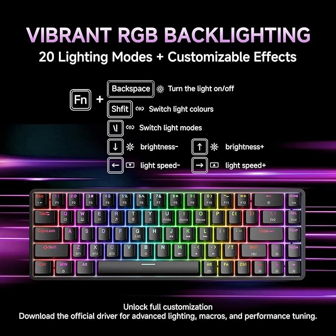 DIERYA DK68 60% Wireless Mechanical Gaming Keyboard, Triple Mode 2.4GHz/USB-C/BT5.0 with Red Switch, RGB Backlit, Anti-Ghosting Keys, 68 Keys Portable Mini Wired Office Keyboard-Black