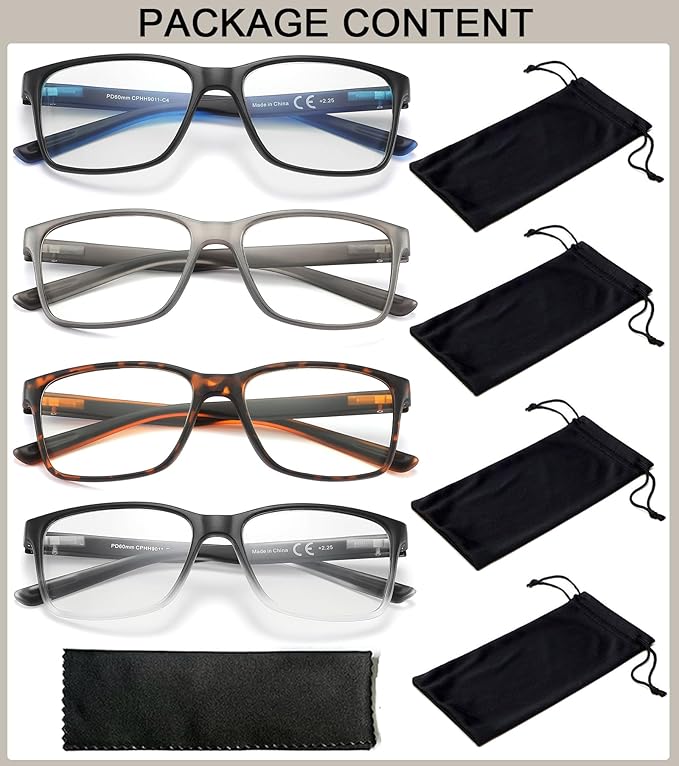 Blue Light Blocking Reading Glasses for Men 4-Pack Stylish Computer Readers with Spring Hinges,Anti Glare/Eye Strain Filter UV Ray Lightweight Reader Eyeglasses,+3.75 Magnification Strength