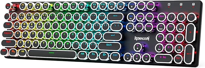 Redragon K710 Wireless Typewriter Style Mechanical Gaming Keyboard, Bluetooth/2.4Ghz/Wired, RGB Backlit, Rechargeable, Blue Switch - Clicky, Metal Panel, Round Keycaps, Black