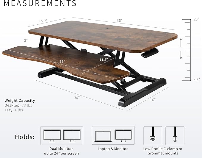 VIVO 36 inch Desk Converter, K Series, Height Adjustable Sit to Stand Riser, Dual Monitor and Laptop Workstation with Wide Keyboard Tray, Rustic Vintage Brown Top, Black Frame, DESK-V036KN