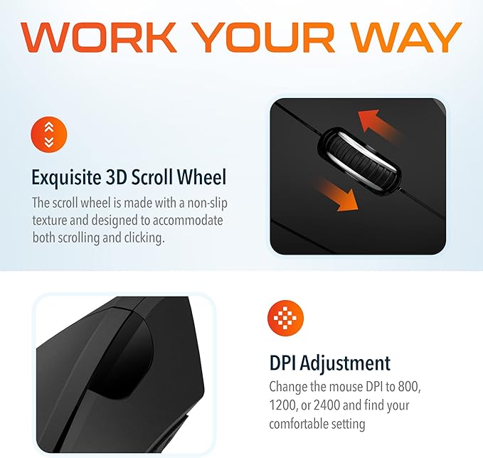 Delton Ergonomic Vertical Wireless Mouse, 2.4GHz USB Dongle, 6 Buttons, 3 Adjustable DPI Levels (800/1200/2400), AA Battery Operated, Compatible with PC, Laptop, Mac, Chromebook and More - Black