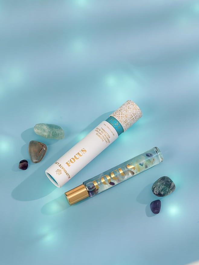 Essential Oil Rollerballs, .34 OZ, Focus - Fluorite Crystal Infused - Scents of Orange, Ginger, Ylang-ylang, & Lavender - Aromatherapy Roll On Oils, Skin Care, Massage
