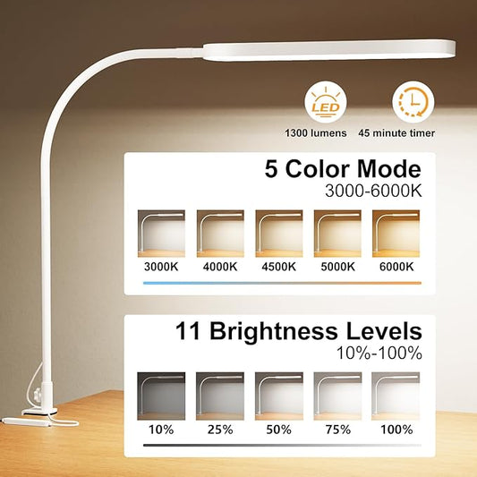 SKYLEO Led Desk Lamp - 33.5" Desk Light - Flexible Gooseneck - 5 Color Modes X 11 Brightness Levels - 1300LM - Timmer & Memory Function - 12W Clip on Light - White