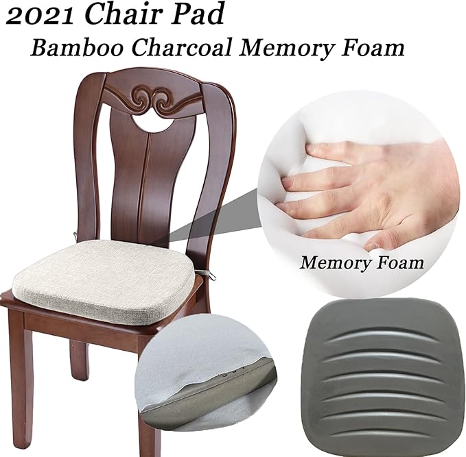 Chair Cushion with Ties for Dining Chairs - Memory Foam Non Slip Kitchen Chair Pad and Dining Seat Cushion with Machine Washable Cover Set of 4 [16.5 x 16.2 Inches] (Light Beige, 4)