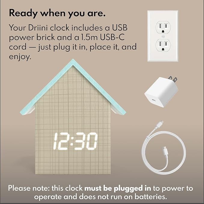 Driini Digital House Shaped Alarm Clock with Temperature Display (Stripe Wood) – Modern Aesthetic - Cute Cube Frame and White LED Dimmer - Perfect Large Desk Clock for Bedside Table or Bedroom Mantle