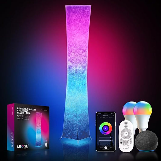 LEONC Floor Lamp with Remote, Tuya Smart 9W×2 Bulbs Included, 65" Smart Modern Floor Lamp with Alexa, Music Sync and 16 Million DIY Colors, RGB Color Changing Standing Lamp for Bedroom Living Room