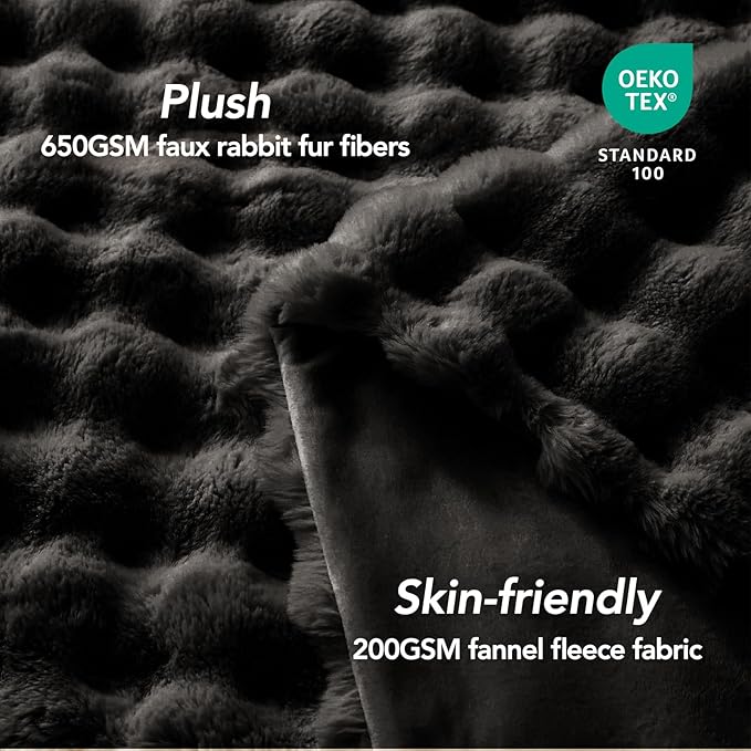 L'AGRATY Faux Rabbit Fur Blanket: 60" x 80" Twin Luxury Soft Fluffy Thick Fur Throw Blanket for Couch Bed Sofa - Cozy Plush Bubble Blankets for Winter: Flannel Fleece Decorative Blanket(Black)
