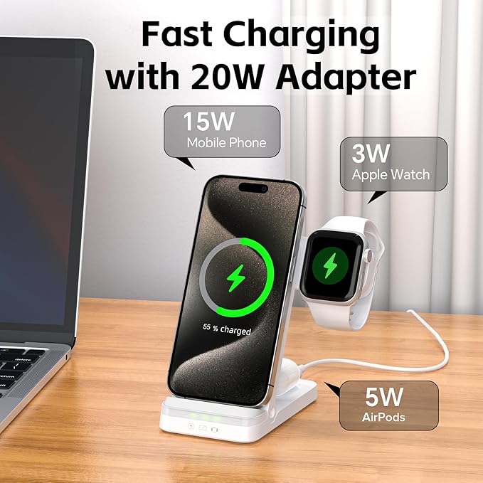 Wireless Charger, Tribone 3 in 1 Foldable Fast Charger for iPhone 16 15 14 13 12 11 Pro Max XR XS 8 Plus,for Multiple Devices，for Apple Watch 10 9 8 7 6 5 4 3 2 SE Ultra,for AirPods Pro 4 3 2 (White)