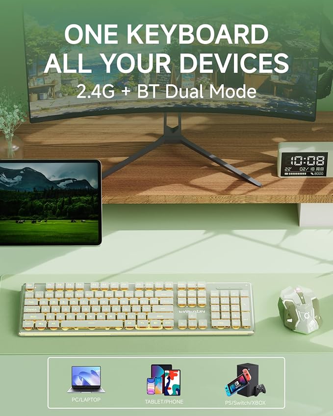 V3 Wireless Keyboard and Mouse with Single Backlit, Metal Panel, Bluetooth/2.4G Rechargeable Silent Keyboard and Mouse Combo Light up Full Size Cute Keyboards-Green