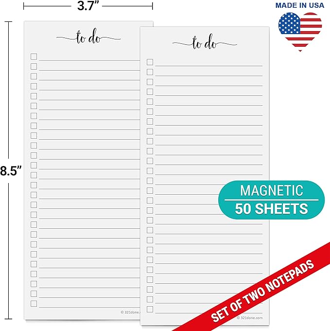 321Done Magnetic To Do List Notepad 2-Pack - 3.7 x 8.5 (1/3 Sheet Slim Skinny Size), Made in USA - College Ruled - Simple Stylish to-Dos Memo Pad for Planning, Tasks, Appointments, Reminders, Home