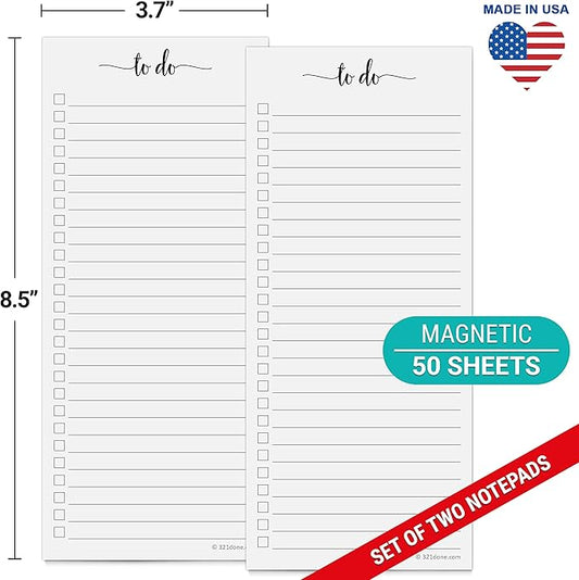 321Done Magnetic To Do List Notepad 2-Pack - 3.7 x 8.5 (1/3 Sheet Slim Skinny Size), Made in USA - College Ruled - Simple Stylish to-Dos Memo Pad for Planning, Tasks, Appointments, Reminders, Home