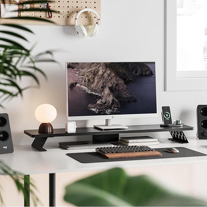 Fenge Dual Monitor Stand Riser, 42.5 Inch Desk Top Shelf for 2 Monitors, Computer Stands for Desk, Wood & Steel Desktop Riser for Laptop, PC, Printer