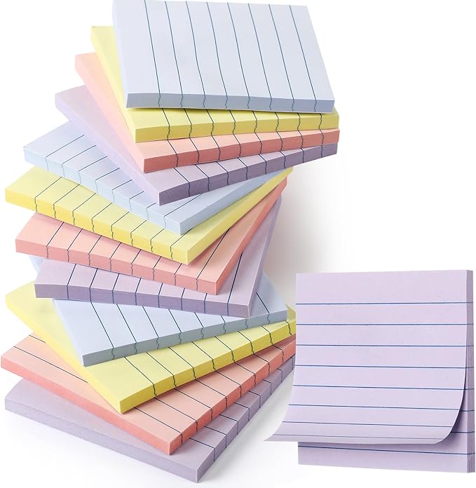 12 Pack Pastel Lined Sticky Notes 3x3 Inch Post Ruled Stickies Super Self Stick Power Memo Pads Multi Colors Notes Pads Vintage Aesthetic School Office Supplies Accessories
