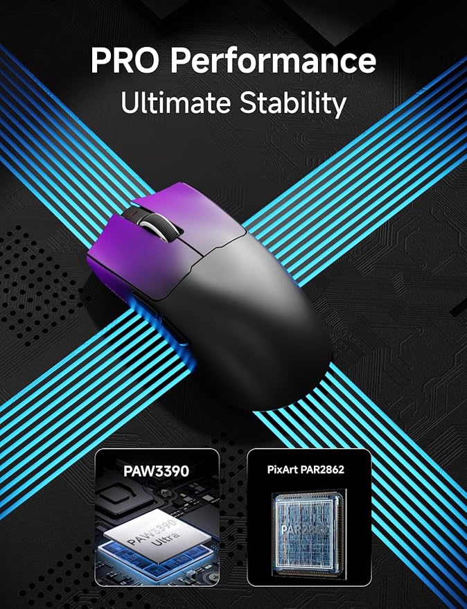 S9 Pro Wireless Gaming Mouse, 59G Ergonomic Computer Mouse, Triple Modes, 8K Polling, 26K DPI, PAW3395 Optical Sensor, Kailh Switch, 250h Battery Life, Programmable for PC/Win/Mac(Purple)