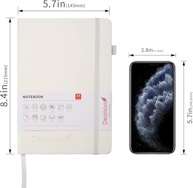 Deziliao Lined Journal Notebooks with Pen Loop, Hardcover Notebook Journal for Work, 100Gsm Premium Thick Paper with Inner Pocket, Medium 5.7"x8.4", （White, Ruled）