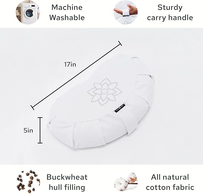 Mindful & Modern Large Meditation Cushion | Zafu Yoga Bolster Meditation Floor Pillow Seat | Buckwheat Hull Filled Crescent Shaped Cushion with Removable Washable Cover + Carry Handle