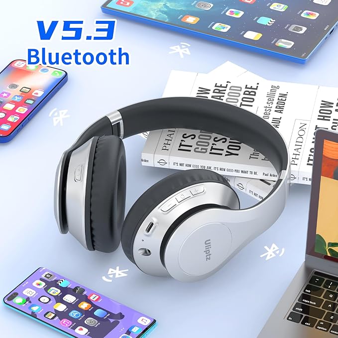 Uliptz Wireless Bluetooth Headphones, 65H Playtime, 6 EQ Sound Modes, HiFi Stereo Over Ear Headphone with Microphone, Foldable Lightweight Bluetooth 5.3 Headphones (Silver)