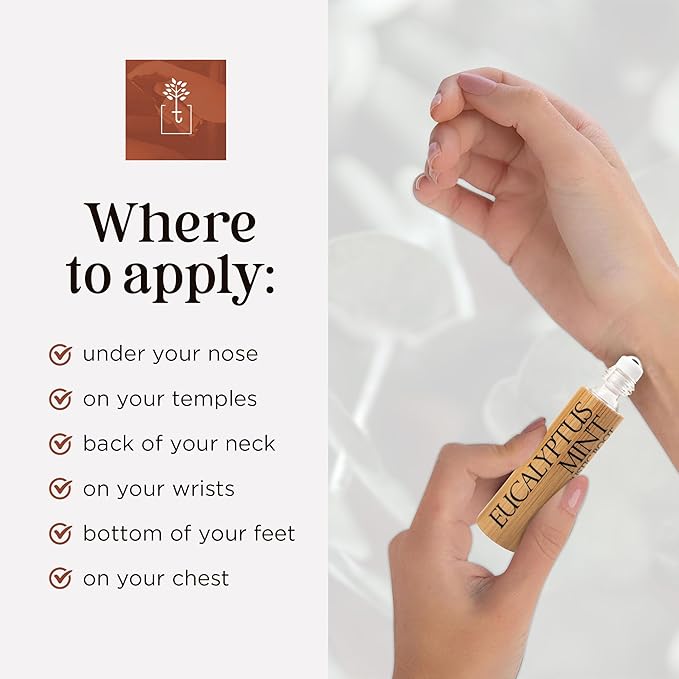 Eucalyptus Mint Essential Oil Roll On – Aromatherapy Blend w/Peppermint, Spearmint, Rosemary – Breathe Rollerball for Self Care, Spa, Energy, Wellness – 10ml Bottle - for Men & Women