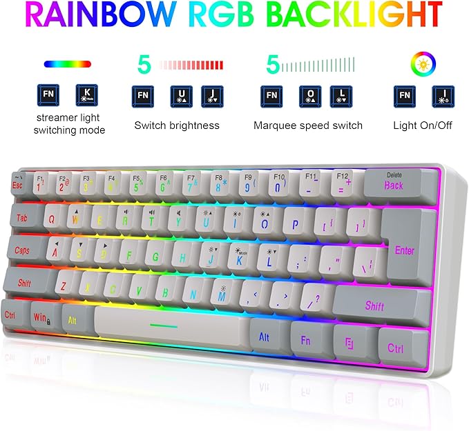 Snpurdiri 2.4G Wireless Gaming Keyboard and Mouse Combo, Include Mini 60% Mechanical Feel RGB Backlit Keyboard, Ergonomic Vertical Feel Small Wireless Mouse(Grey and White)