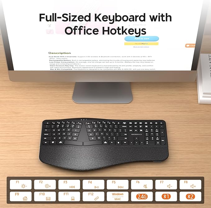 MicroPack Ergonomic Wireless Keyboard with Bluetooth, USB-C Rechargeable & Overload Protection, Wrist Rest, 3-Device Connectivity, Quiet Scissor Switch, Adjustable Tilt for Mac, Windows, PC, Office