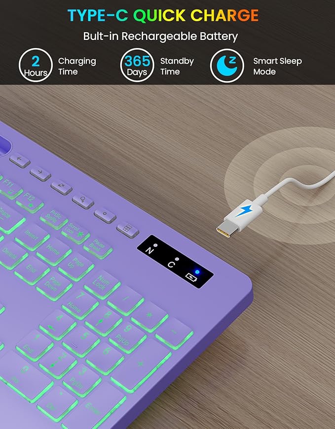 Wireless Keyboard with 7 Colored Backlits, Wrist Rest, Phone Holder, Rechargeable Ergonomic Computer Keyboard with Silent Keys, Full Size Lighted Keyboard for Windows, MacBook, PC, Laptop (Purple)