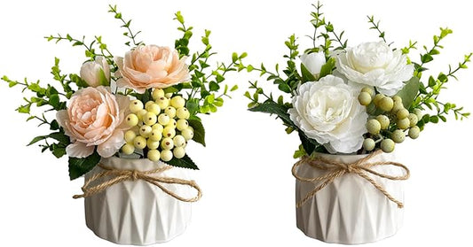 Faux Flowers with Vase, 2pcs Small White Artificial Flowers Arrangement, Potted Plants,Decoration for Bathroom Home Party Office Desk Wedding,Coffee Table Decor (White/Champagne)