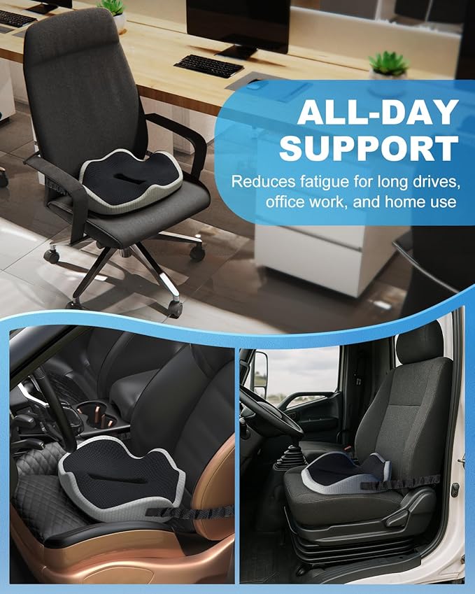 Memory Foam Truck Seat Cushion with TPE Gel Support, Truck Seat Cushion with Non-Slip Washable Cover for Back Support & Pain Relief During Long Drives(Black&Gray)