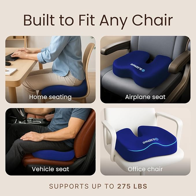 Sleepavo Navy Blue Memory Foam Seat Cushion for Office Chair - Pillow for Sciatica, Coccyx, Back, Tailbone and Lower Back Pain Relief - Orthopedic Chair Pad Lumbar Support in Office, Car, Airplane