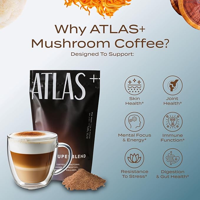 Atlas+ Coffee Superblend– Instant Mushroom Coffee with Lion’s Mane, Reishi, Cordyceps, Ashwagandha, Probiotics, Vitamin D3 & B12– for Energy, Focus, Immunity & Gut Health– 56 Servings (2 Bags)