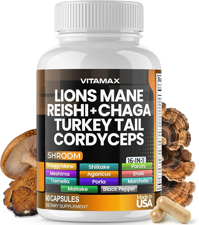 Lions Mane Mushroom, Turkey Tail, Chaga & Reishi, Cordyceps Shiitake White Elm King Trumpet Nameko Oyster Porcini Focus & Energy - Made in USA (60 Capsules (Pack of 1))