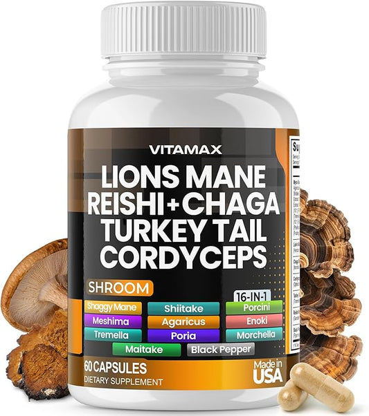 Lions Mane Mushroom, Turkey Tail, Chaga & Reishi, Cordyceps Shiitake White Elm King Trumpet Nameko Oyster Porcini Focus & Energy - Made in USA (60 Capsules (Pack of 1))