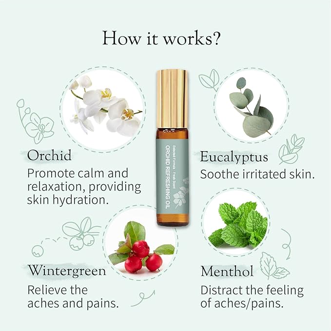 Organic and Kid-Friendly Essential Oil Blend Roll on for Stress Relief, Headache, Itch Relief and Heat Stroke, Includes Orchid, Menthol, Peppermint, Eucalyptus, Wintergreen, 5 ml.