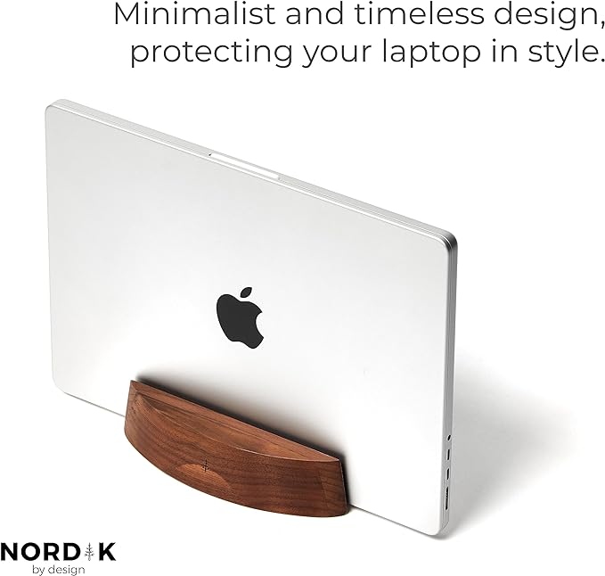 Nordik Adjustable Vertical Laptop Stand - Walnut - Premium Laptop Holder for Home Office, Software Engineers - Space Saving Desk Laptop Dock - Stable Non-Slip Wood Stand - MacBook Pro