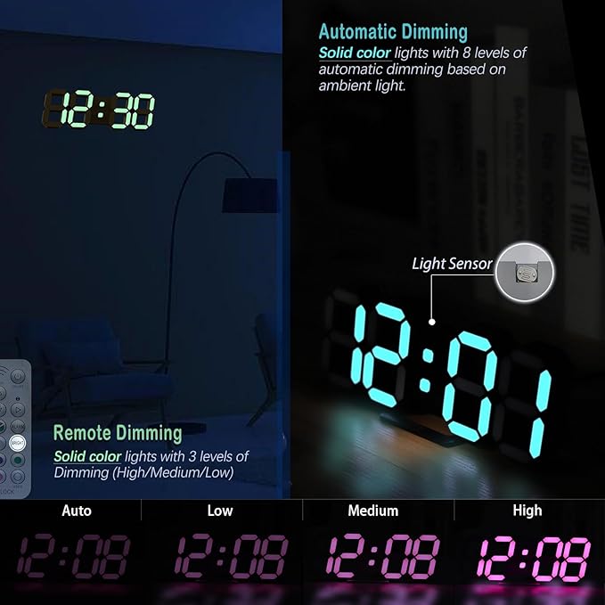 KOSUMOSU LED Digital Clock Neon Clock 9.7" Black Gaming Clock RGB LED Wall Clock for Living Room Desk Clock Large Display Clock for Bedroom, Black Clock with Dimming