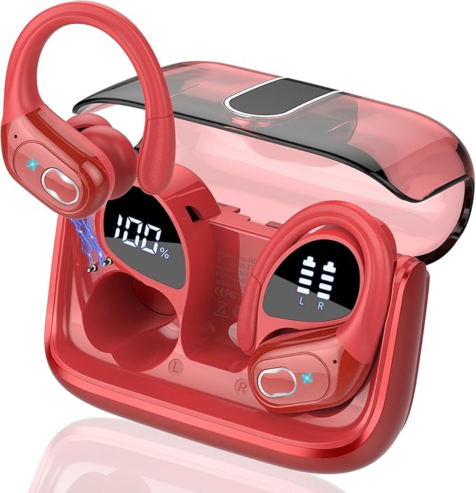 Wireless Earbuds 75hrs Bluetooth 5.4 Headphone Sport, 2025 Bluetooth Earbuds Stereo Deep Bass Over Ear Bud with Earhooks, ENC Noise Cancelling Mic, IPX7 Waterproof Earphone, Red