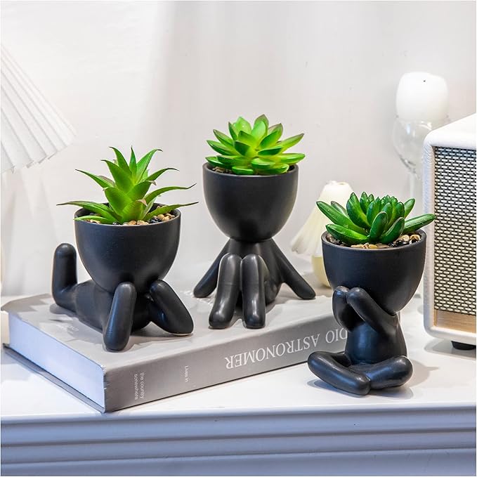 3PCS Human-Shaped Potted Artificial Plants Office Decor for Women and Men, Small Fake Plants Decor for Bedroom and Bathroom, Cute Faux Succulent Desk Decor for Office and Home, Black