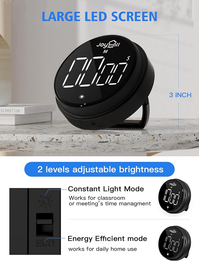 JOYHILL Digital Kitchen Timer, Large LED Display with Magnetic Countdown 3 Volume Levels, Ideal for Cooking Classroom Studying Fitness, Timer for Kids and Seniors Black