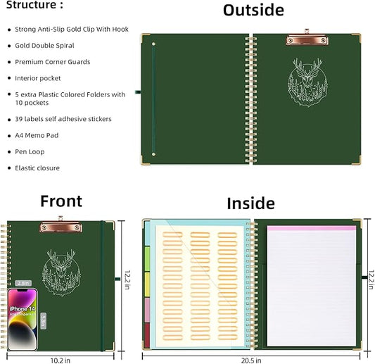 Ospelelf Clipboard with Storage 8.5 X 11，Padfolio Organizer, Spiral Portfolio Letter Size with Notepad, Pen Holder, 5 Extra Folder Divider Pages, Elastic Closure Office Essentials (Christmas Green)