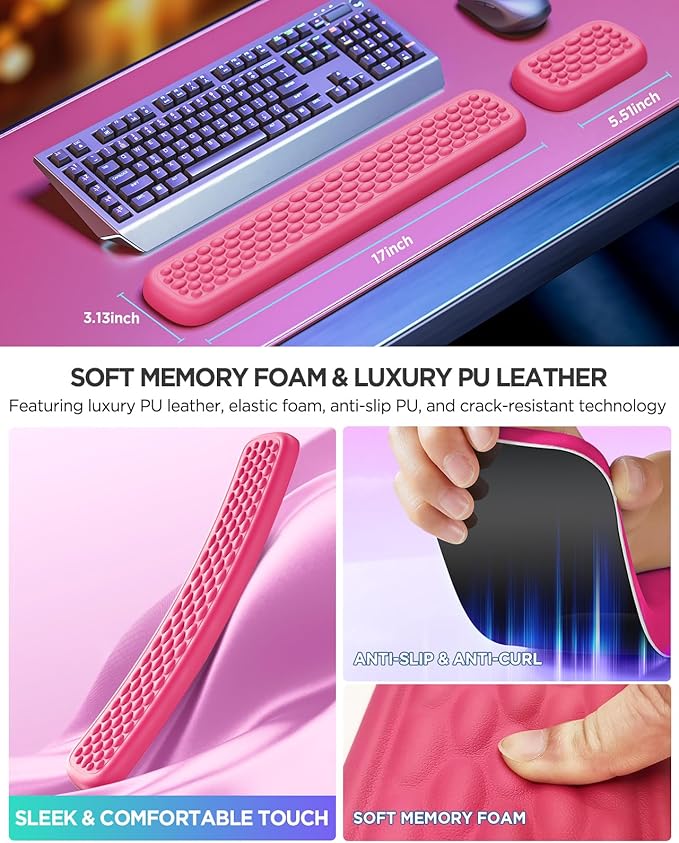 Lekvey Ergonomic Keyboard Wrist Rest - Memory Foam with Massage Points & Waterproof PU Leather Wrist Pad, Carpal Tunnel Support for Office Computer/Gaming, Typing Pain Relief, Easy-Clean（Rose Pink）